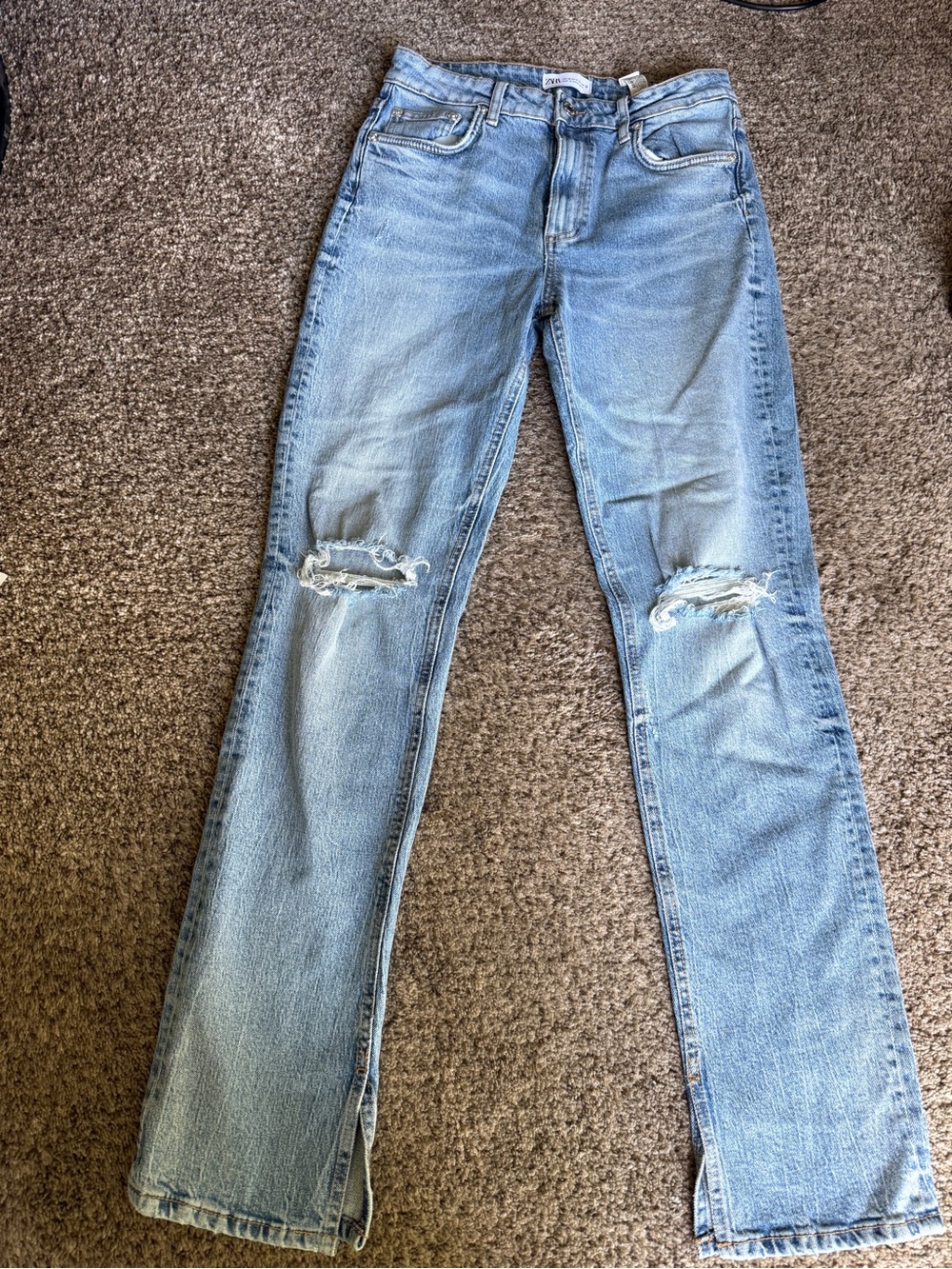 Zara Light Blue Distressed Straight-Leg Jeans